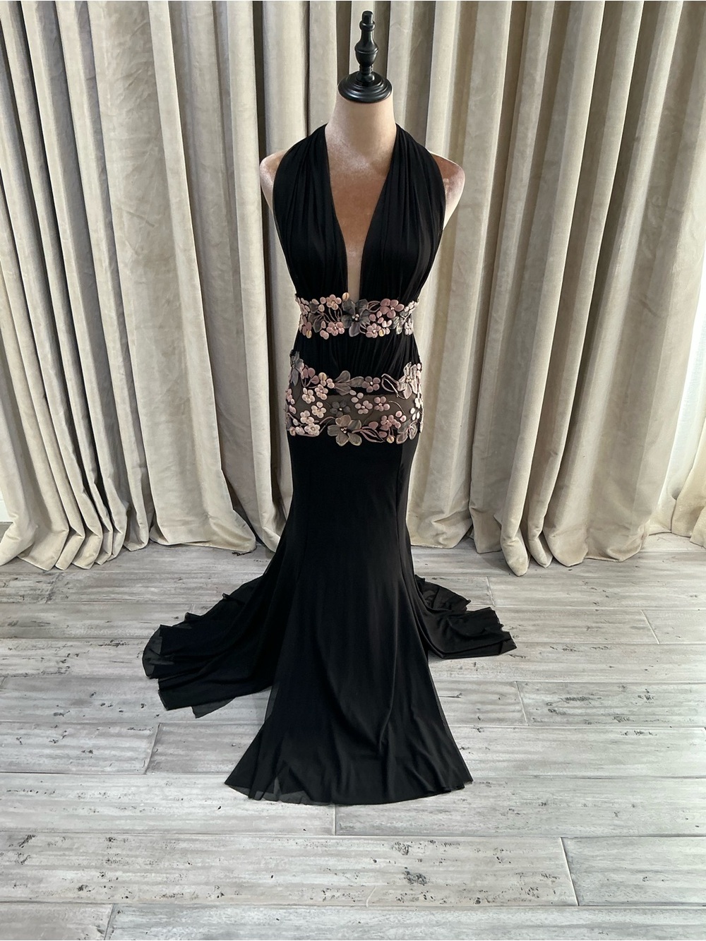 Black Halter Evening Gown with Pink Floral Embroidery - Picture 1 of 15